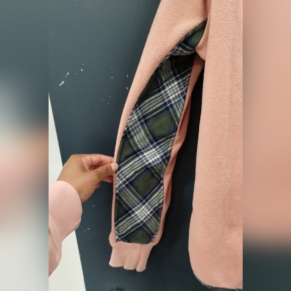 Entro Peach Fleece Pullover Sweater with Green Plaid Accents Cabincore Size M - Picture 9 of 16